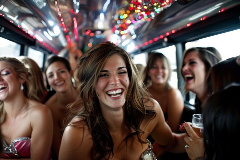 A group of women celebrate on a party bus, laughing and having fun. The bride to be is in the center, smiling brightly